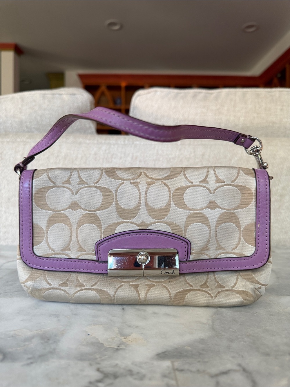 Coach Kristin Signature Beige Signature Mini Bag Wristlet Lavender Leather Trim
